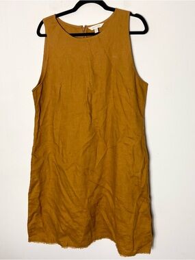 Garnet Hill Linen Shift Dress Mustard Raw Hem Boho 14
